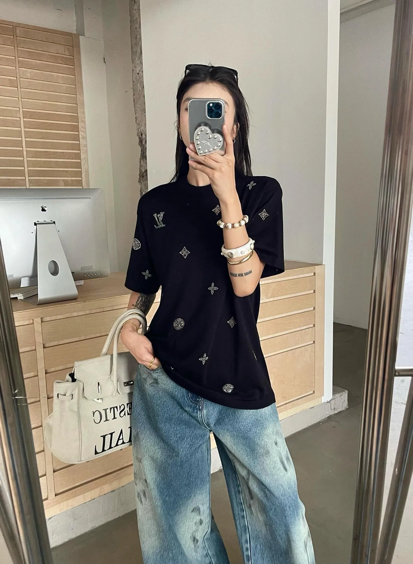 Louis Vuitton/Louis Vuitton 26ss presbyopia hot diamond knitted short sleeves
